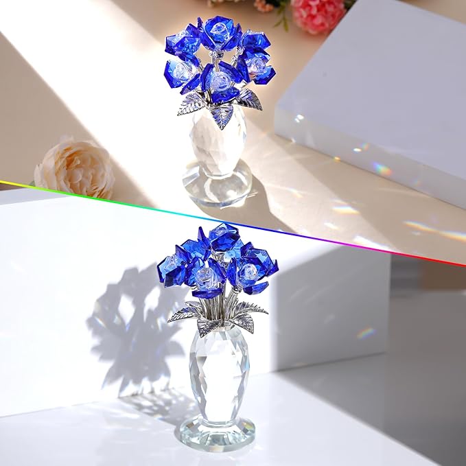 Crystal Blue Rose Bouquet Figurines Gifts for Women Flowers Valentine's Day Mother's Day Presents for Girlfriend Wife Partner Ornament for Home Decor