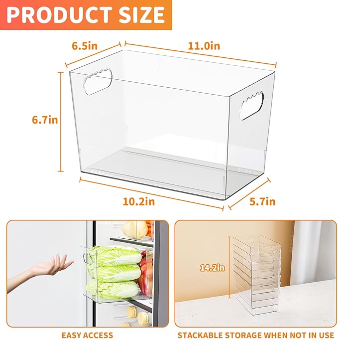 6 Pack Clear Plastic Storage Bins for Freezer,Pantry Storage Containers,11″ Large Snack,Food Storage Bins with Handle for Shelves,Refrigerator,Kitchen,Cabinet,Acrylic Bins for Cleaning Supply Storage