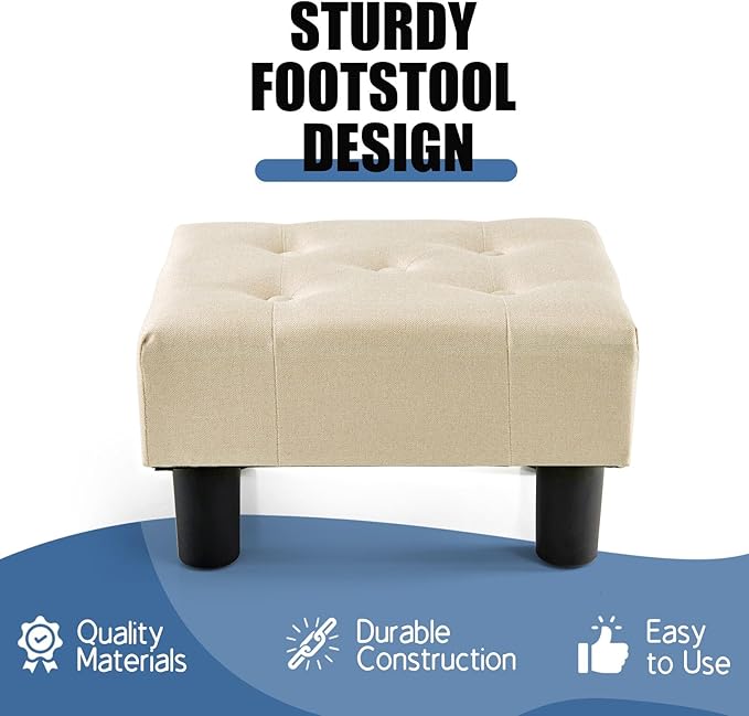 BRIAN & DANY Small Foot Stool, Linen Foot Stools with Legs, Stable Small Footstool for Living Room, Beige