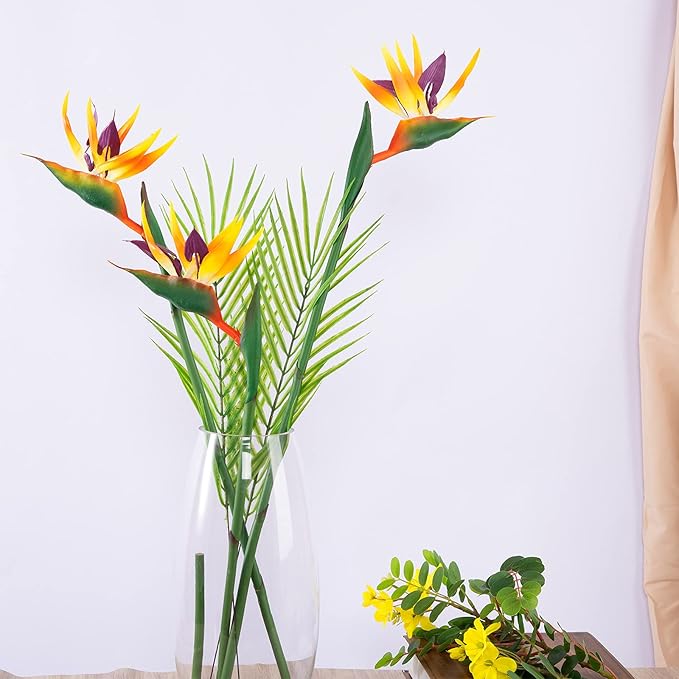 Artificial Bird of Paradise Flowers Rubber Strelitzia 32'in Long Stem Flower 3 Pcs,Suitable for DIY Home Decor Party Theme Display (Orange)