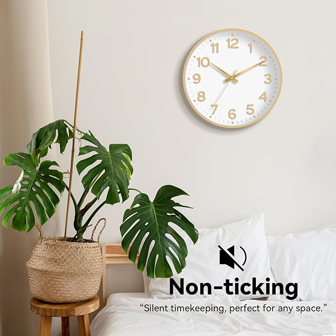 Wall Clock, 10 Inch Silent Wall Clocks Battery Operated-Modern Non Ticking Analog Clock Decorative for Kitchen Bedroom Office Bathroom(White Gold)