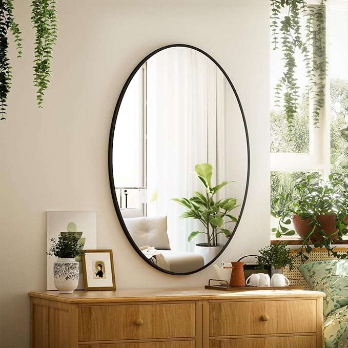 Black Oval Bathroom Mirror, 24 x 32 inch Modern Oval Wall Mounted Vanity Mirror with Tempered Glass Hanging Horizontally or Vertically, Black