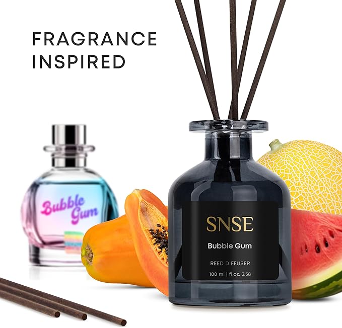 SNSE Bubble Gum Reed Diffuser Set | 3.38 oz Scent Fragrance Oil Diffuser for Bedroom, Bathroom, Home Décor and Gift, Decorative Air Fresheners with Sticks