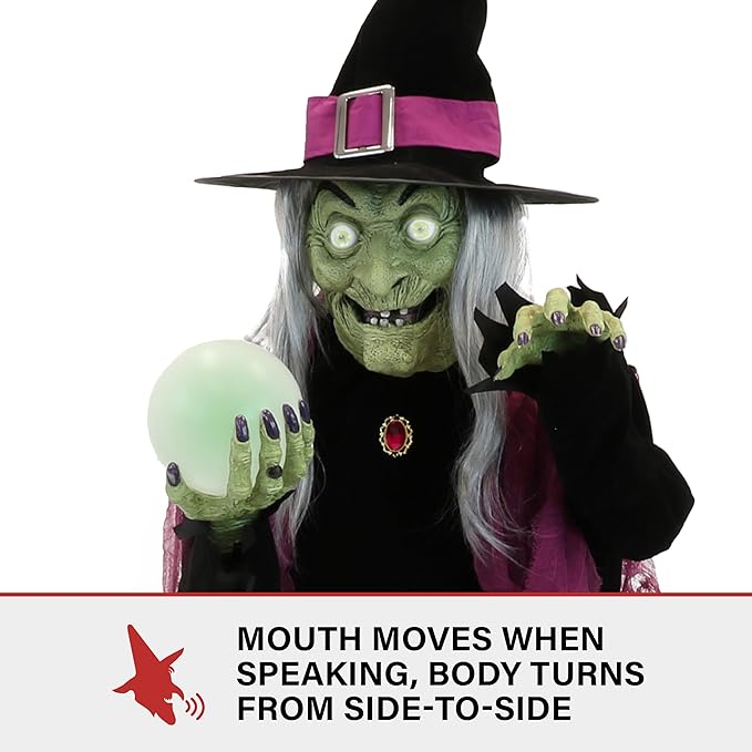Haunted Hill Farm 6-Ft. Tall Fortune Teller Witch, Plug-in Motion-Activated Talking Scare Prop Halloween Animatronic for Indoor or Covered Outdoor Creepy Decorations