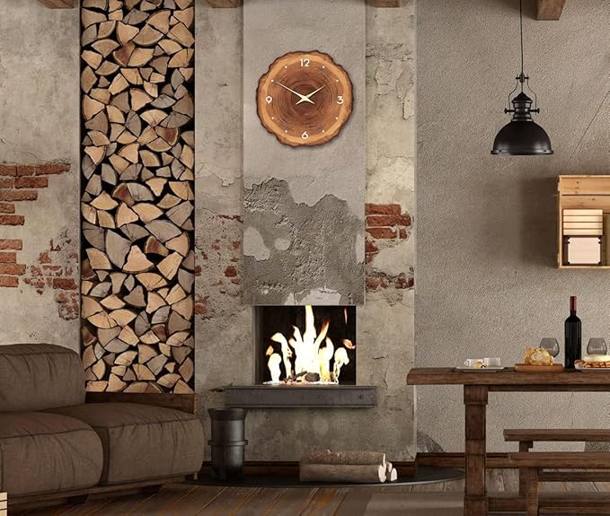 XNM Rustic Large Clock for Kitchen Brown Wood Wall Clocks Battery Operated 16 Inch Analog Annual Ring Wall Clock Non Ticking (MDF No Solid Wood)