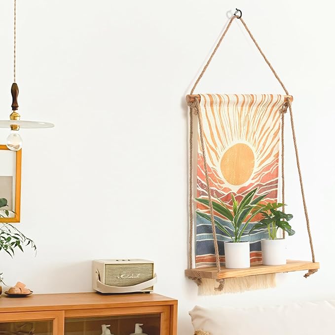 Wall Mounted Shelf, Bohemian Style Decorative Hanging Cloth, Handmade Natural Material, Suitable for Living Room Bedroom Home Storage Hanging Indoor Plant Shelf (Sunrise Type)