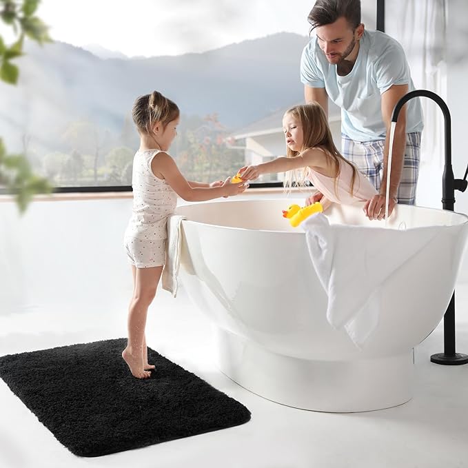 TECHMILLY Super Soft Shaggy Bathroom Rugs, Absorbent Thick Non Slip Microfiber Bath Rugs, Quick Dry Machine Washable Bath Mat for Bathroom Floor, Bathtub and Shower 24"x36" Black