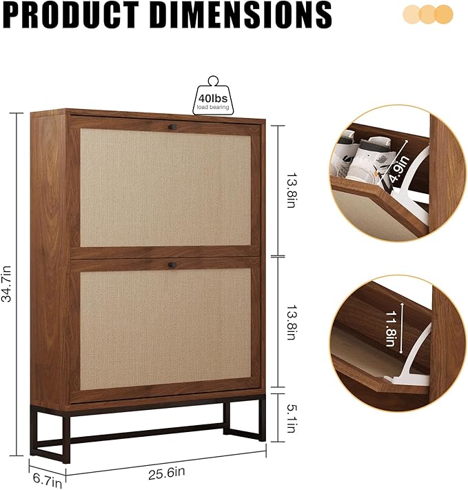AVZEAR Freestanding Shoe Organizer with 2 Flip Drawer Doors, Entryway & Closet Shoe Storage, Linen Doors, Walnut