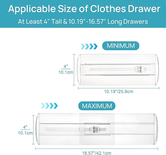 Vtopmart 4 Pack Drawer Dividers for Clothes, 4" High 10.2"-16.6" Adjustable Expandable Dresser Drawer Organizer, Clear Plastic Separators for Dresser, Baby Clothing, Underwear, Cosmetic, Toiletries