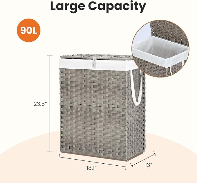 Sweetcrispy Foldable Laundry Hamper–Large Capacity Clothes Basket with Lid, 23.8 Gallon (90L) Bin for Bedroom, Bathroom, and Wash Room–Double Insert Storage Organizer, Dove Gray