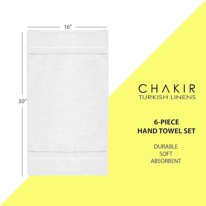 Chakir Turkish Linens | Hotel & Spa Quality 100% Cotton Premium Turkish Towels | Soft & Absorbent (6-Piece Hand Towels, White)
