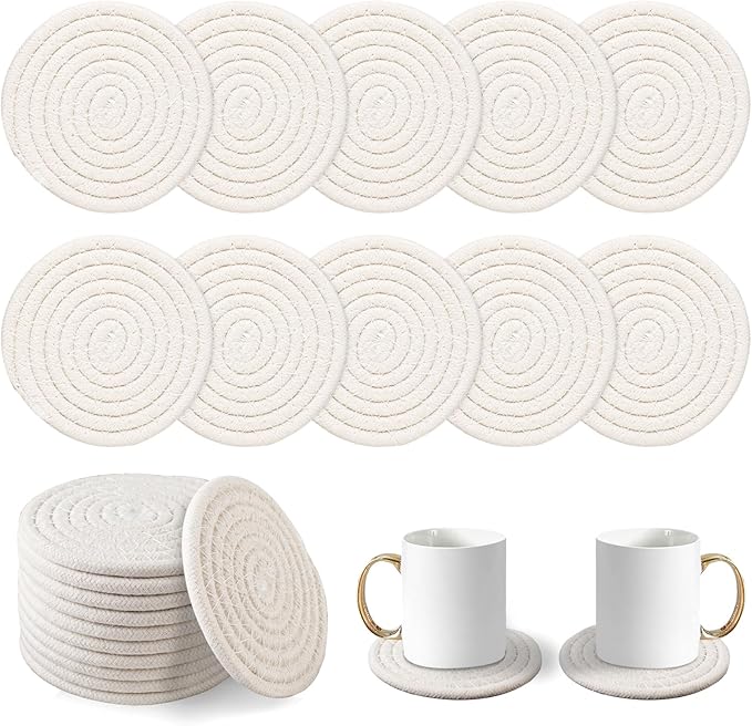 Vivinin 10 Psc Cotton Absorbent Boho Coasters for Drinks, Woven Cup Set, Beige, 4.3inch - Room Decor, Bar, Housewarming Gift