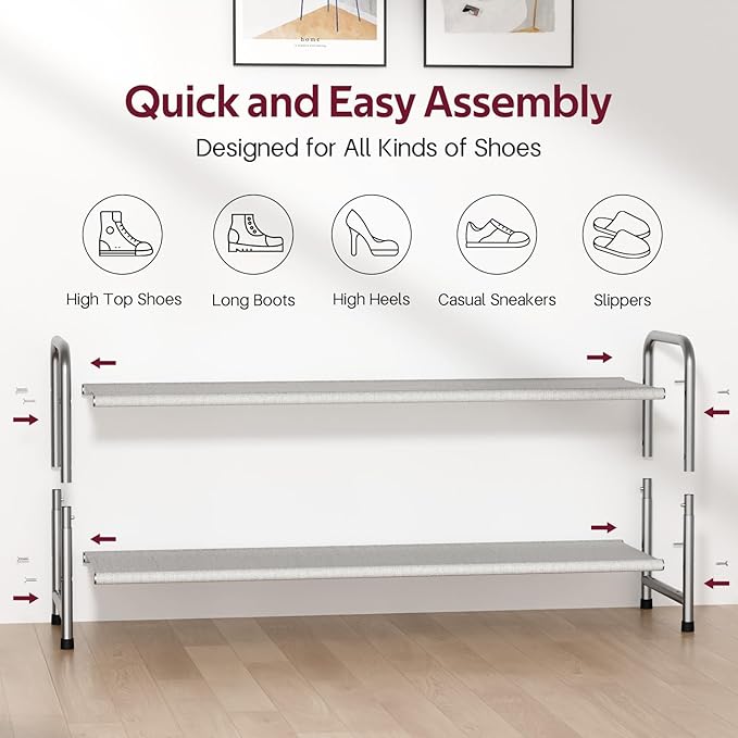 SLEEPING LAMB 2-Tier Long Shoe Rack Organizer for Closet, Stackable Wide Shoe Shelf Holds 18-Pairs Low Shoe Storage for Bedroom, Floor, Entryway (Grey)