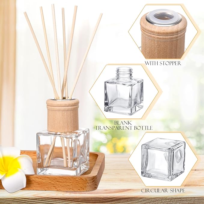 Roshtia 8 Set Reed Diffuser Bottle Empty Refillable Fragrance Glass Diffuser Bottles with Wooden Caps Rattan Sticks 50ml 1.7 oz Glass Jars for DIY Fragrance
