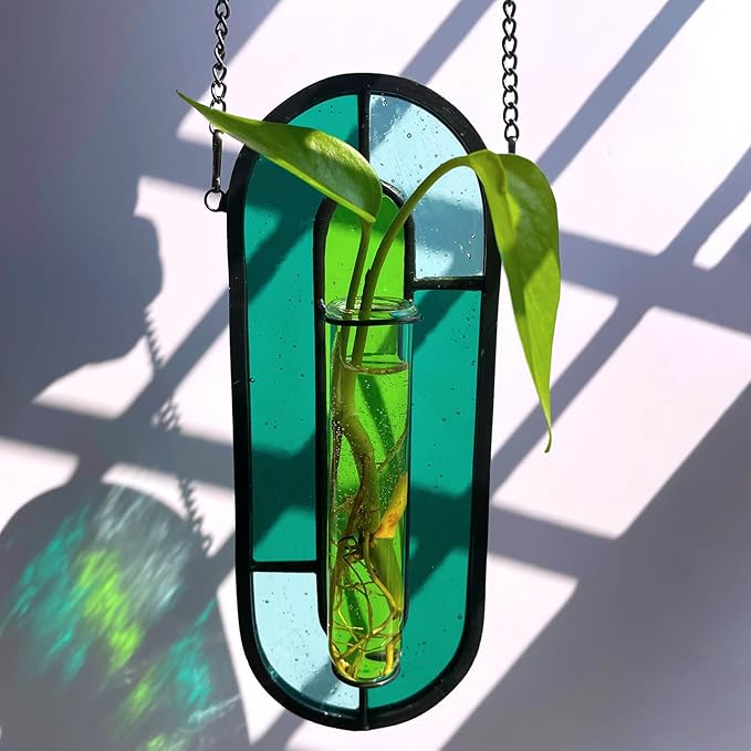 LITMIND Stained Glass Plant Propagation Station, Hanging Hydroponic Planter Terrarium with 2 Glass Tubes - Perfect for Home & Garden Décor