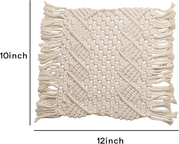 Handmade Cotton Woven Crochet Placemat with Tassels, 10 x12 Inches Small Place Mat for Bohemian Wedding Décor, Boho Table Mat for Farmhouse, Rustic Décor for Dining Table, Beige