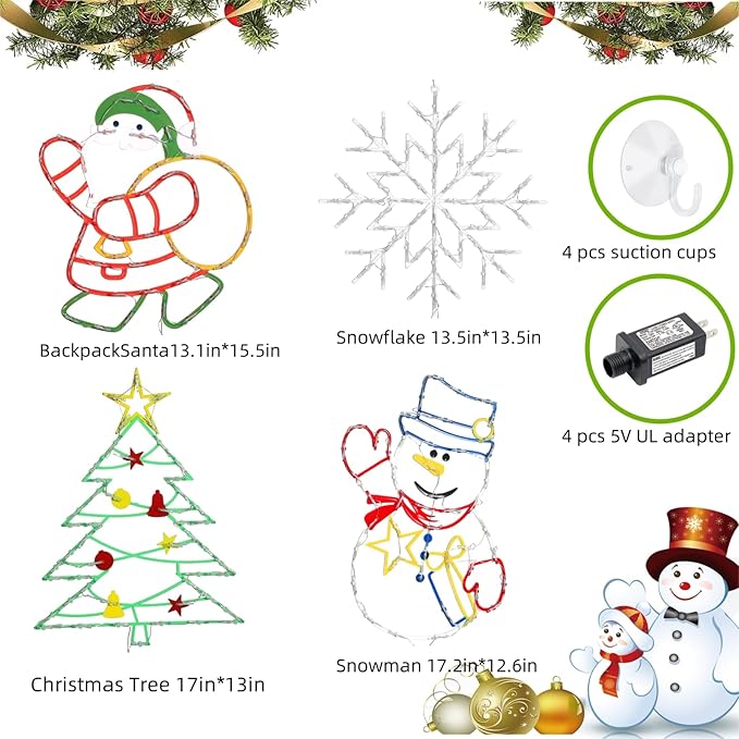 16“ Christmas Window Silhouette Lights Decorations - 4 Pack Colour Lighted Christmas Tree & Snowflake & Snowman & Santa for Holiday Indoor and Outdoor Wall Door Window Decorate