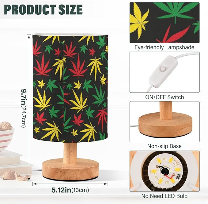 Table Lamp Colorful Marijuana Cannabis Hemp Leaf Red Yellow Green Color Print Nightstand Lamp with Wood Base Fabric Lamp Shade Bedside Desk Lamp for Living Room Bedroom Kids Room Office