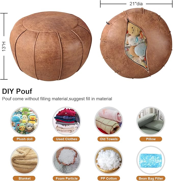 Louis Donné Unstuffed Moroccan Ottoman Pouf Cover, Waterproof Handmade Faux Decor Storage Solution for Kids Toy, Footstool Pouffe Cover Replacement Balcony Indoor 21dia Chestnut Brown, ONLY Cover