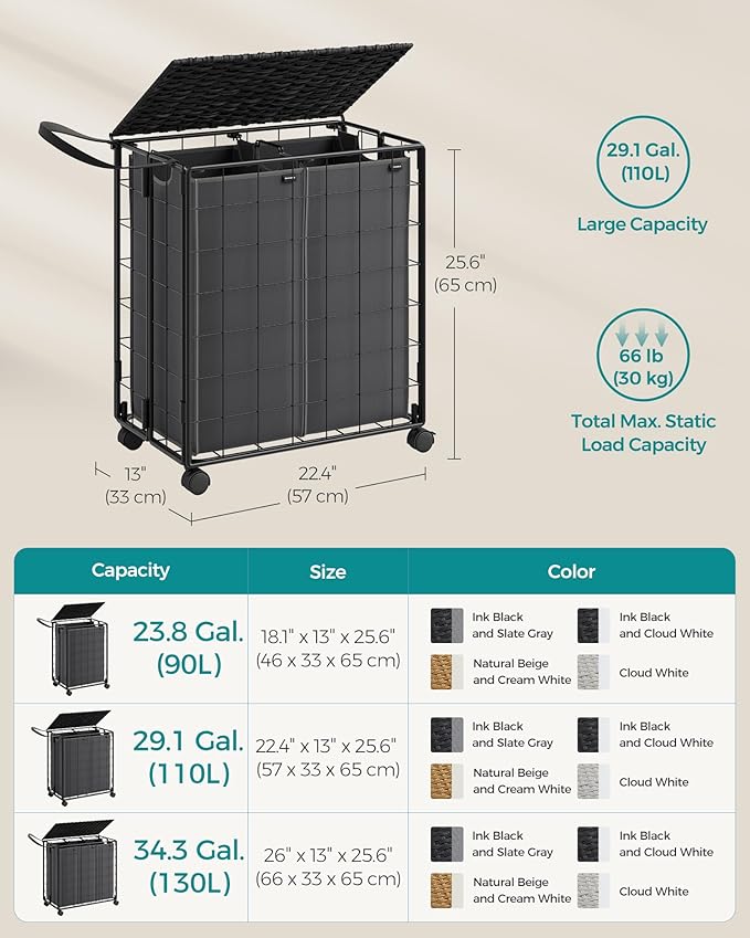 SONGMICS Laundry Hamper, 110L Laundry Basket with Lid, Clothes Hamper with Wheels, Collapsible Removable Liner Bag, Iron-Made Laundry Sorter, Ink Black and Slate Gray ULCB211B11