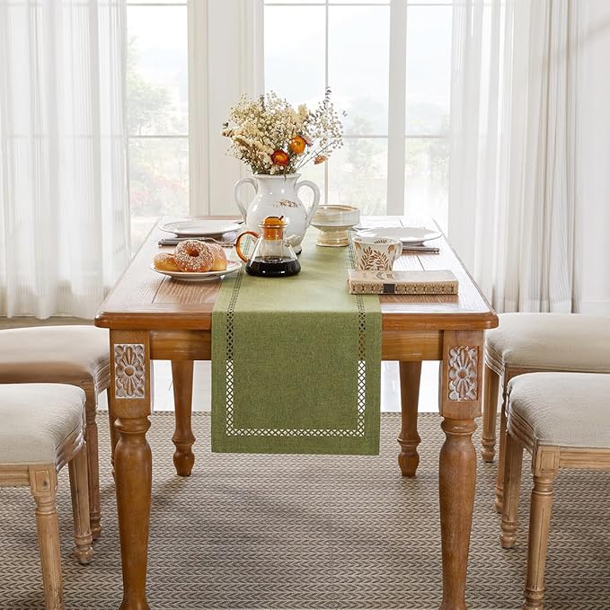 Burlap Style Farmhouse Table Runner, 13 x 36 Inch Sage Green, Rustic Geometric Hollow Table Runners 36 Inches Long for Dresser Table Everyday Use, 13x36 Inches, Sage Green