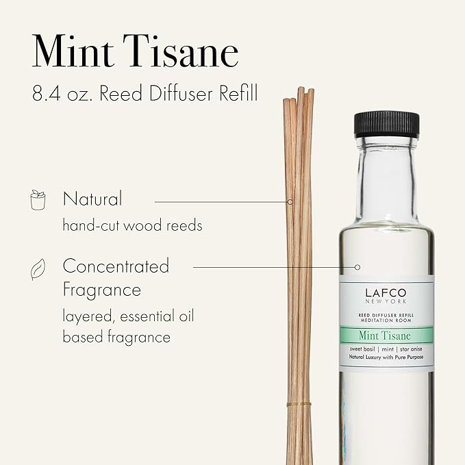 LAFCO New York Reed Diffuser Refill, Mint Tisane - 8.4 oz - Up to 6-Month Fragrance Life - Includes Natural Wood Reeds - Free of Dyes & Propellants - Made in The USA