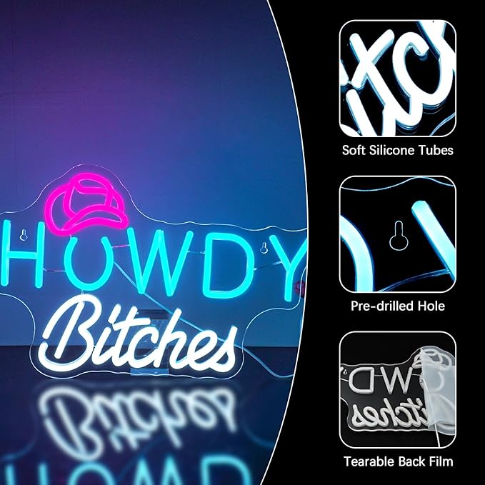 NEONLOVE Howdy Neon Sign Blue White Neons Sign for Wall Decor Cowboy Hat Neon Lights Sign with USB Dimmable Neon Light Up Sign for Bedroom College Dorm Single Party Bar Country Girls Living Room