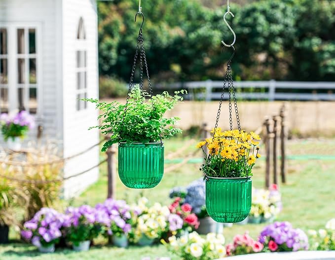 Melphoe 2 Pack Self Watering Hanging Planters Indoor Flower Pots, 5.3 Inch Outdoor Hanging Basket, Plant Hanger with 3Hooks Drainage Holes for Garden Home (Emerald)