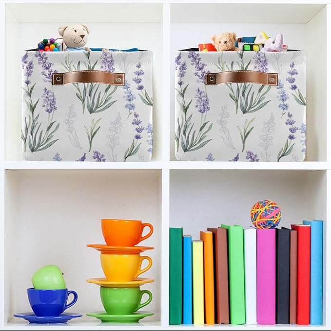 Lavender Flowers Storage Basket Fabric Storage Bin Laundry Baskets, Leaves Green Purple Foldable Storage Boxes Organizer Bag for Baby Cloth Dog Toy Book Storage Cubes Shelf Closet Basket 16×12×8