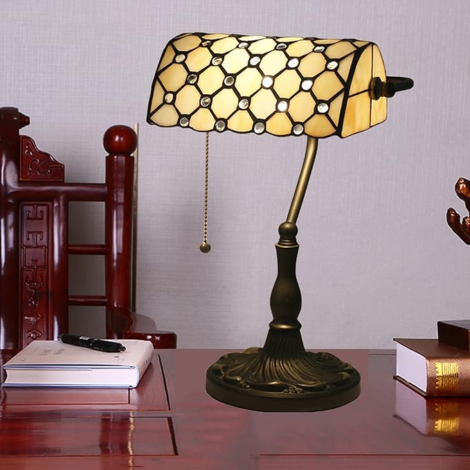 Tiffany Style Bankers Table Lamp Stained Glass Piano Desk Lamp Vintage Bedroom Bedside Lamp for Study,Antique Alloy Base,Zipper Switch,Beige