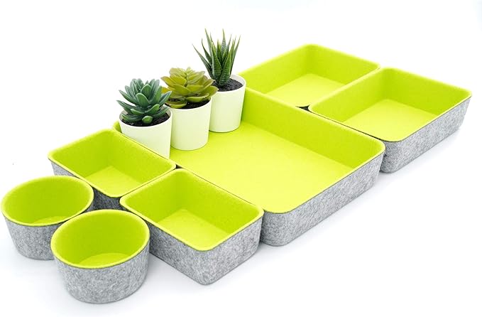 Welaxy Drawer organizers bins felt trays desk storage bins dividers small drawers for office supplies 7-piece Pack back to school college gift idea (Green)
