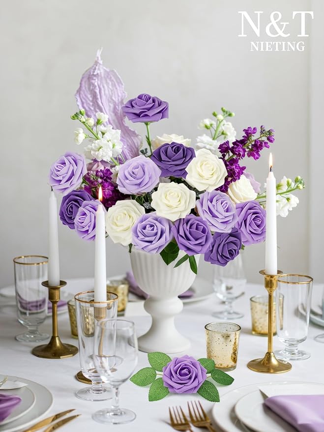 N&T NIETING Artificial Flowers, 25pcs Fake Flowers Rose with Stems Perfect for DIY Wedding Bridesmaid Bridal Bouquets Centerpieces Home Flower Arrangement Decoration, Series Purple
