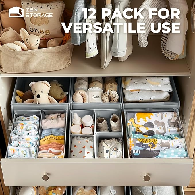 Sturdy Drawer Organizers (12-Pack) - Fabric Dresser Drawer Organizers & Dividers for Nursery Organization, Baby Organizers and Storage for Clothes, Socks & Underwear, Grey