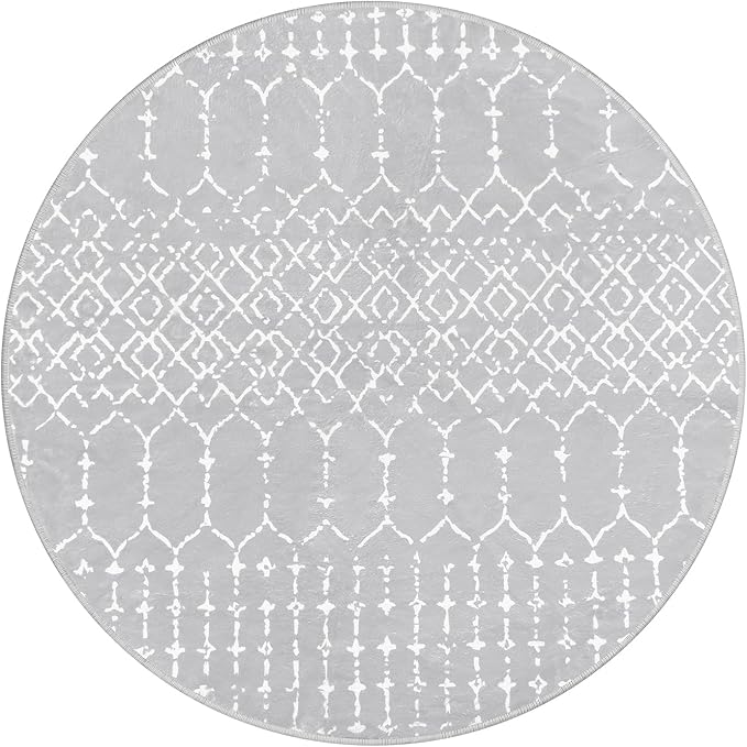 Lahome Moroccan Washable Round Rug - 4Ft Round Area Rugs for Bedroom Non-Slip Grey Stain Resistant Round Kitchen Rug, Modern Geometric Print Indoor Floor Circle Carpet for Entryway Living Room Sofa
