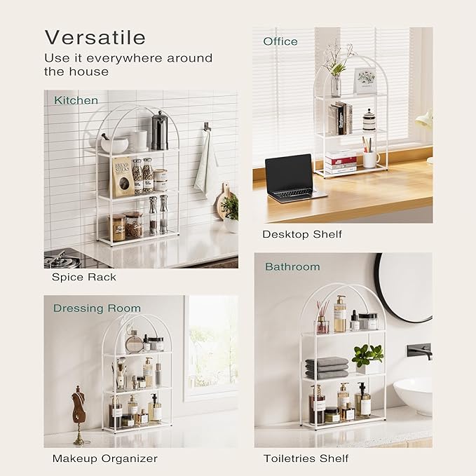 Crofy White Arched Frame Wall Shelf, Decorative 3 Tier Bathroom Wall Shelf with Transparent Tempered Glass Shelves and Robust Storage Capacity, 6" D x 17.9" W x 28.57" H