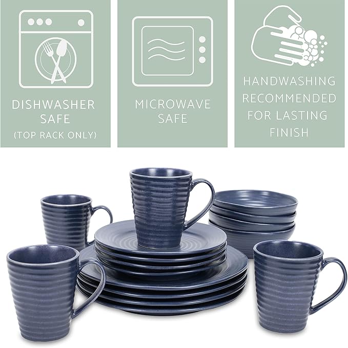Elanze Designs Charming Chic Ribbed Modern Thrown Pottery Look Ceramic Stoneware Plate Platter Mug & Bowl Kitchen Dish Dinnerware 16 Piece Set - Service for 4, Navy Royal Blue