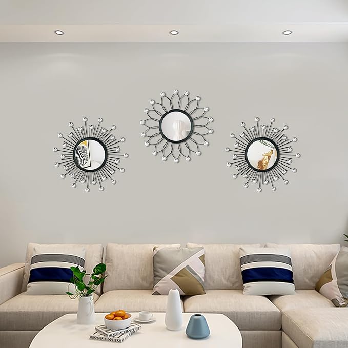3 Pack Metal Mirrors for Wall Sunburst Wall Mirrors Home Décor Decorative Hanging Wall Art for Living Room Bedroom Entryway (Black Crystal, Flower+Sunburst)