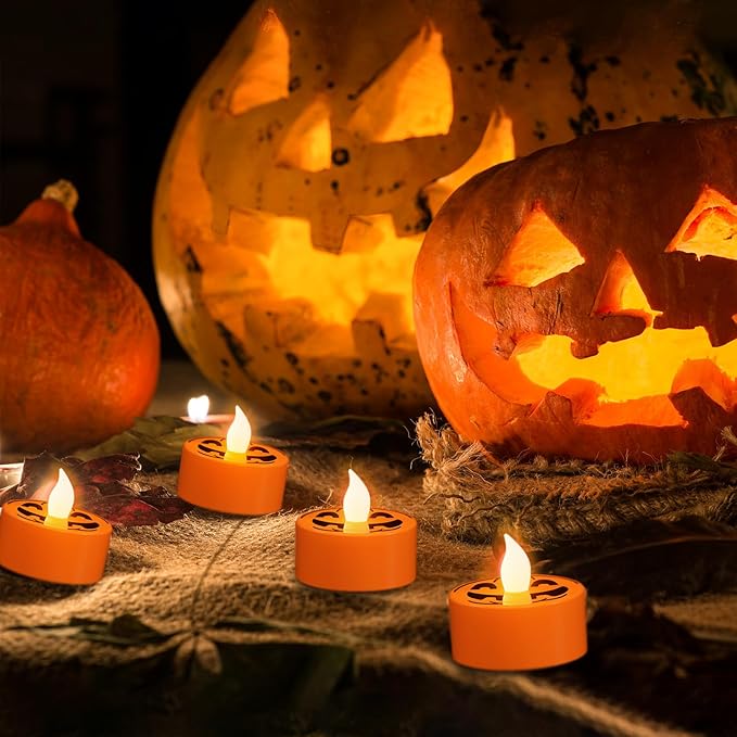 DRomance Halloween Flameless Votive Candles Battery Operated with 6H Timer, 12 Pack Spooky Face Decal LED Flickering Pumpkin Tea Lights Candles Fall Indoor Decoration(1.5" D x 1.4" H)