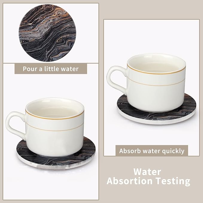 White Marble Style Ceramic Coasters Set of 6 with Holder Round Modern Coffee Table Decor Drink Coaster Gifts Absorbent Stone Coasters for Rustic Farmhouse Bar