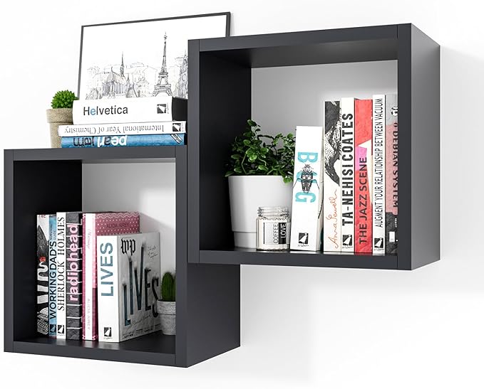 Kaboon Cube Shelves Set2, Black Display Shelves Wall Mount 7.75" D x 12.5" W x 12.5" H, (Black, Square 2 Cubes)