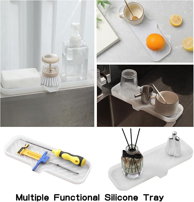 Silicone Bathroom Soap Dishes with Drain Spout-Bathroom and Kitchen Sink Organizer,Sponge Holder,Dish Soap Tray,Perfect for Dispenser,Scrubber,Bottle,Cup on Sink or Counter-Translucent 12"×4"