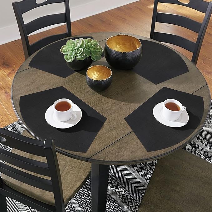 SHACOS Small Round Table Placemats Wedge Placemat Set of 4 Non Slip Heat Resistant Woven Vinyl Table Mats Wipe Clean Indoor Outdoor (4, Black Gray)