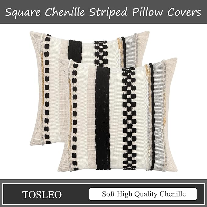 Tosleo Boho Throw Pillow Covers 18x18 Set of 2 Striped Decorative Pillow Cases Accent Chenille Pillowcases Farmhouse Cushion Case Bohemian Nuetral Textured Pillow Cover,Black and Beige