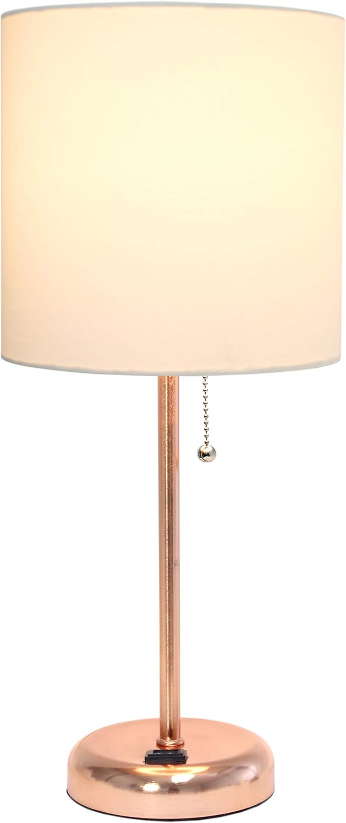 Simple Designs LT2024-RGD-2PK Two Pack Rose Gold Stick Table Desk Lamp Set with Charging Outlet and Drum Fabric Shade for Living Room, Hallway, Nightstand, Office, White Shade