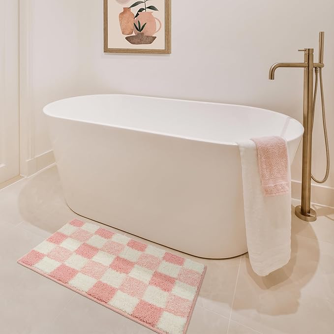 GRANNY SAYS Checkered Pink Bathroom Rugs,32" x 20",Fluffy Rug, Absorbent Microfiber Ultra Soft Bath Mat Washable, Non-Slip Bath Mats for Bathroom, Cute Floor Mat for Tub, Shower, Bedroom