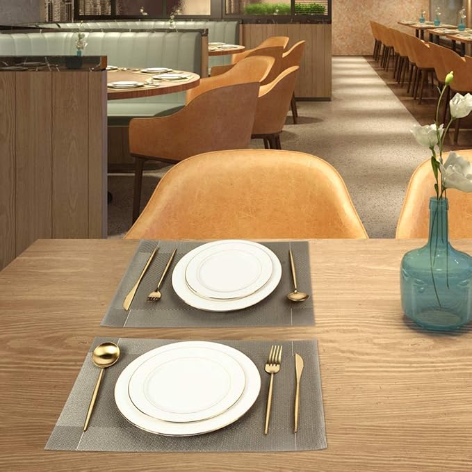 DACHUI Placemats, Heat-Resistant Placemats Stain Resistant Anti-Skid Washable PVC Table Mats Woven Vinyl (6pcs, Coffee-Cross)