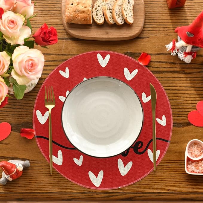 Artoid Mode Red Love Round Valentine Placemats Set of 4, 14 Inch Anniversary Wedding Round Table Mats for Dining Decoration