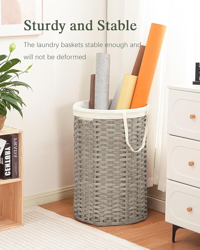 Large Laundry Hamper Laundry Basket Round 34.3 Gal (130 L) Handwoven Wicker Laundry Baskets Rattan Laundry Basket with Removable Bag Handles 2 Mesh Bags for Living Room Bedroom Gray
