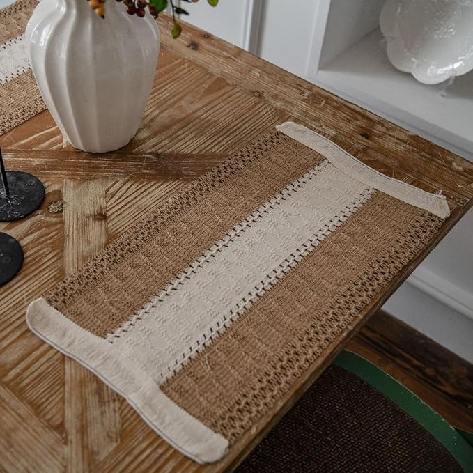 Boho Placemats Set of 4, Burlap Place Mats for Kitchen Table 12x19 Inches, Splicing Woven Rectangular Table Mats, Farmhouse Style Table Decor for Rustic Wedding Bridal Shower