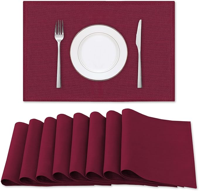 H.VERSAILTEX Linen Placemats Set of 8 Premium Solid Table Mats for Dining Table Spill-Proof Waterproof Heat-Resistant Kitchen Mats Washable, 12x18 inches, Christmas Red